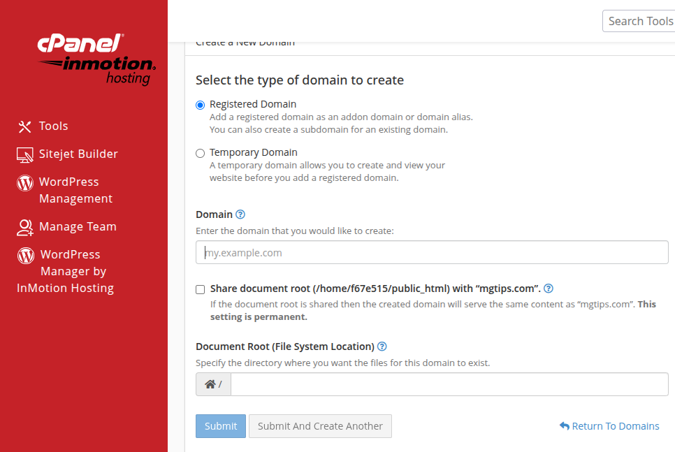 InMotion Hosting - Add Domain