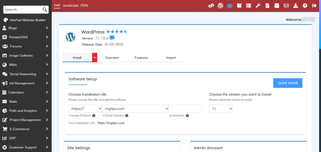 InMotion Hosting WordPress Installation Screen