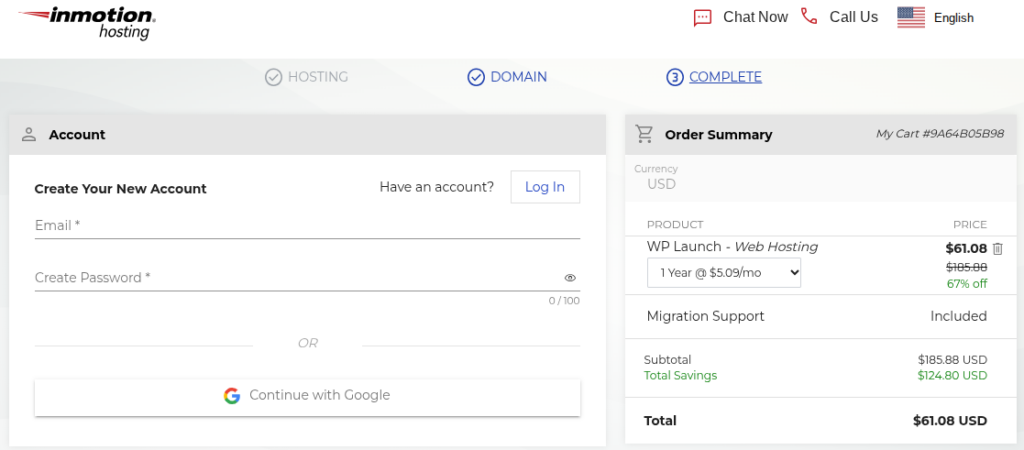 InMotion Hosting Checkout Page and Create Account